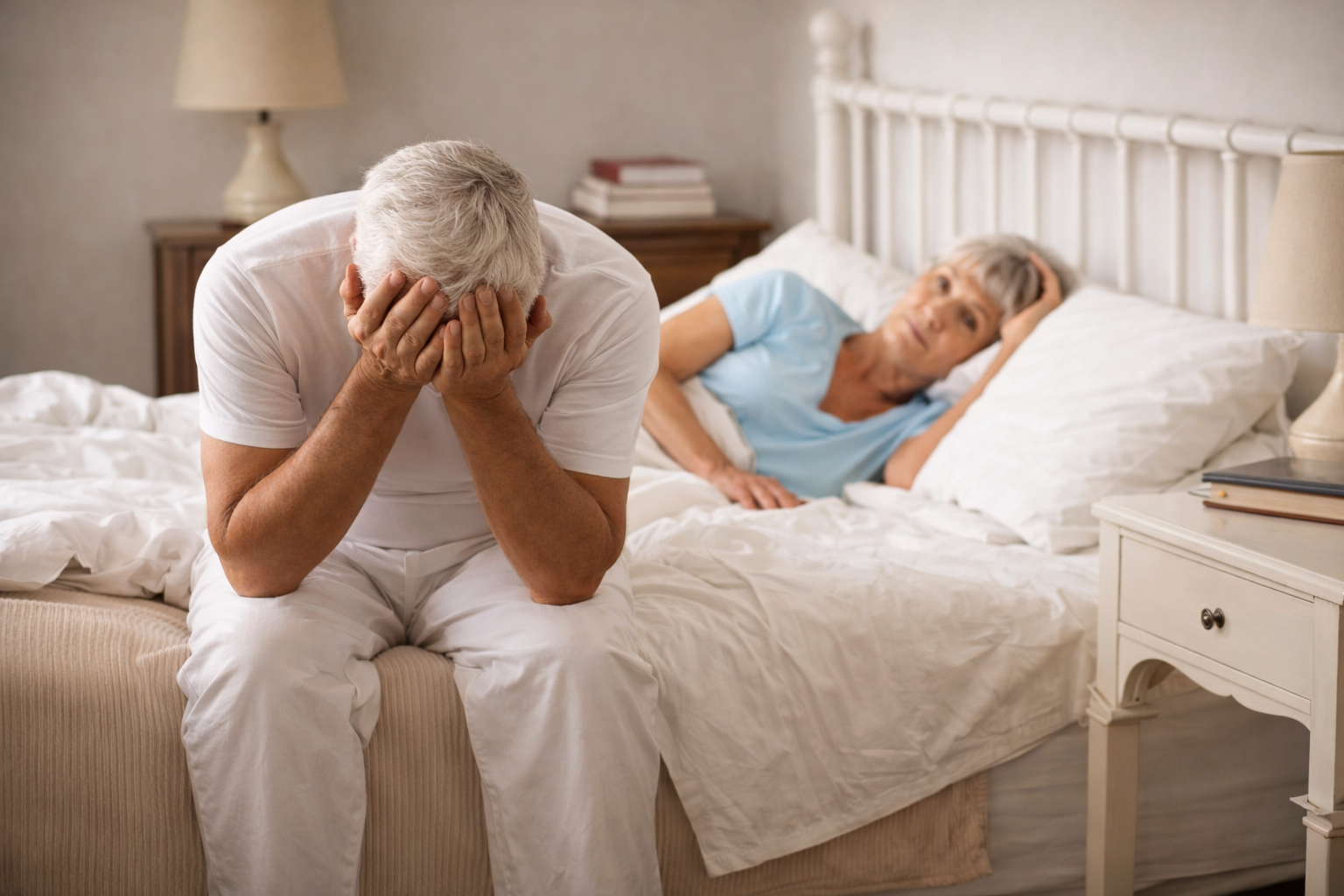 Man feeling frustrated in bedroom